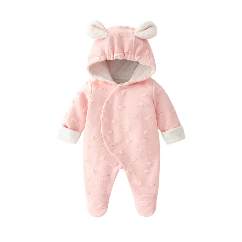 Long-sleeve baby princess romper with buckle closure in soft pink cotton blend fabric