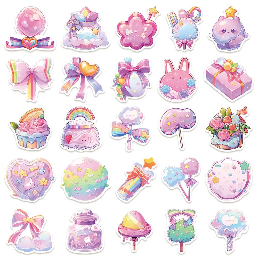 Pack of 50 sheets of fresh candy and small object design waterproof decorative stickers.