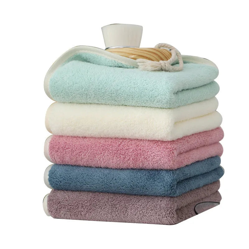 Thickened high-density coral fleece face towel in beige, 30x60cm, with edging finish