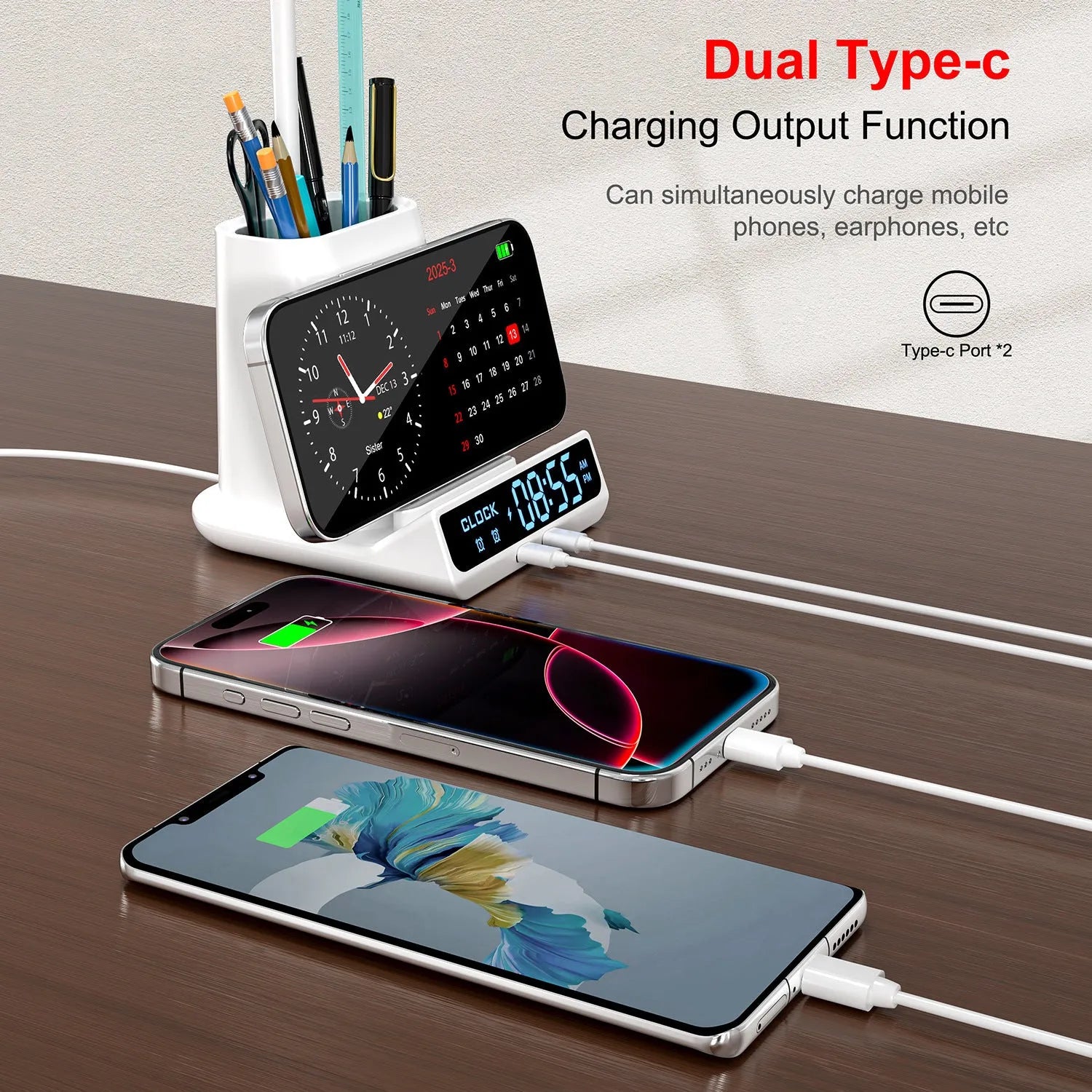Modern desk lamp with wireless charging pad, storage box, and pen holder on a wooden desk.