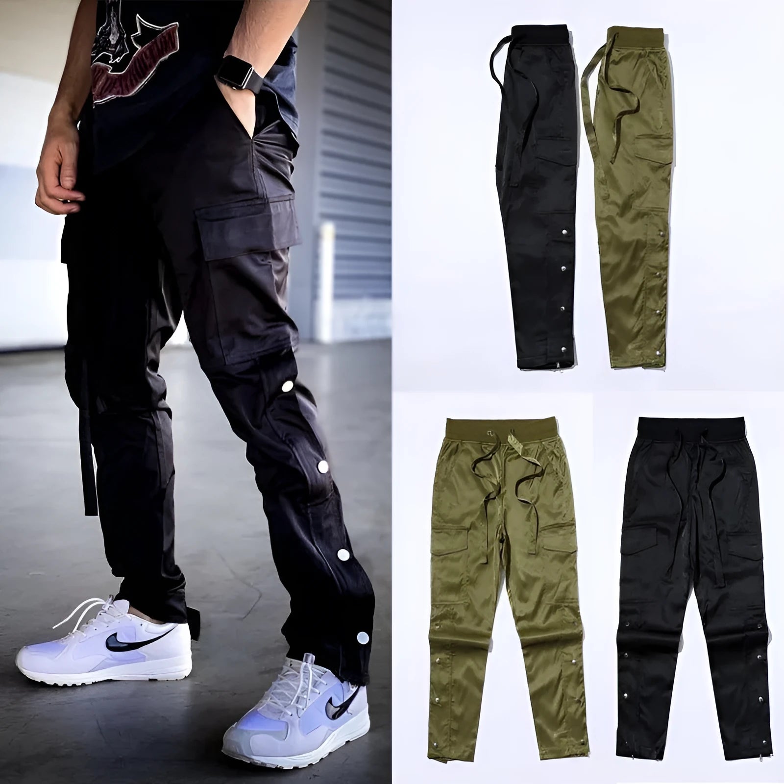 Men's 95% cotton velcro buttoned cargo pants, straight leg, green colour, size S to XL