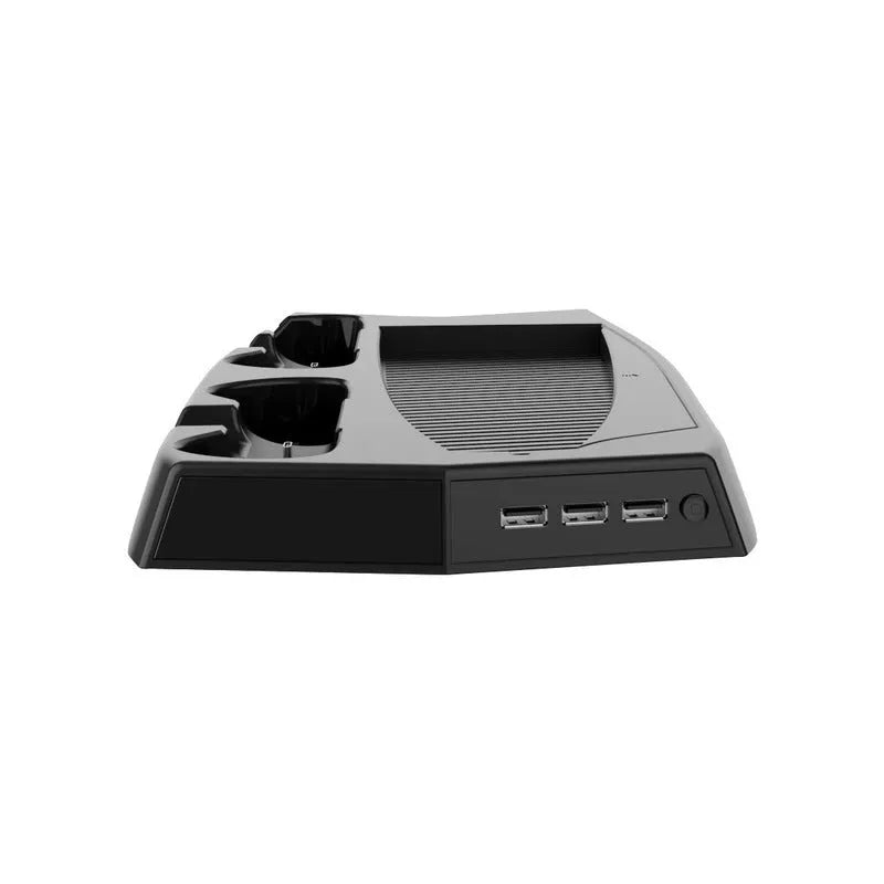 Black PS5 charging cooling fan base with two controller docks and USB ports