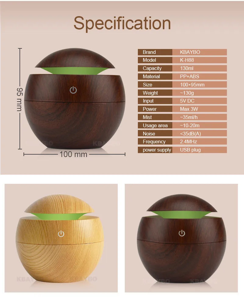 USB ultrasonic essential oil diffuser humidifier with 7 colour LED night light, light wood finish, 95x100mm