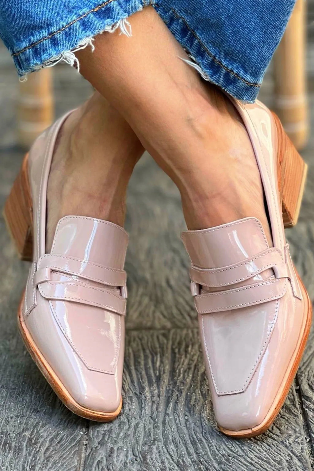 Women's slip-on square toe stiletto heels in light pink with imitation leather lining