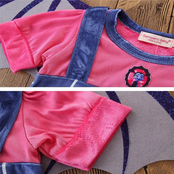 Blue cotton short sleeve princess dress for a young child, shown on a hanger.