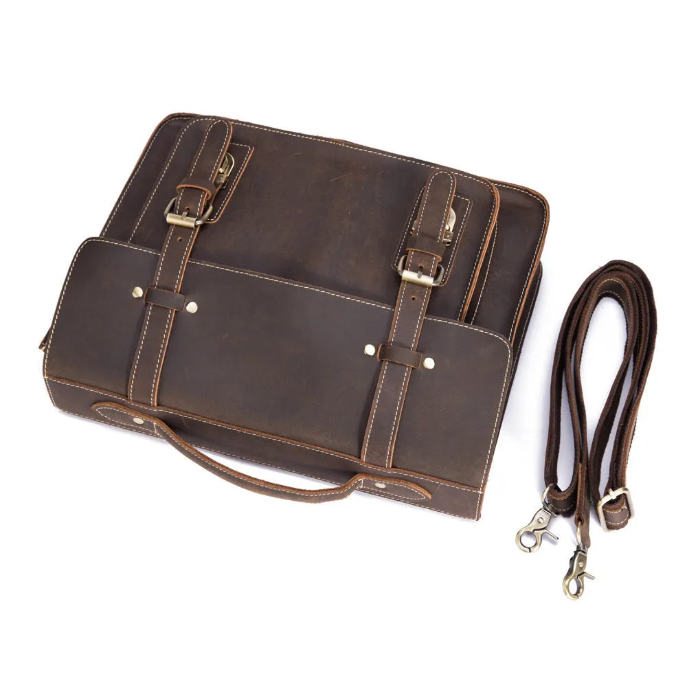Men's dark brown coffee crazy horseskin leather shoulder bag messenger bag handbag 36cm length