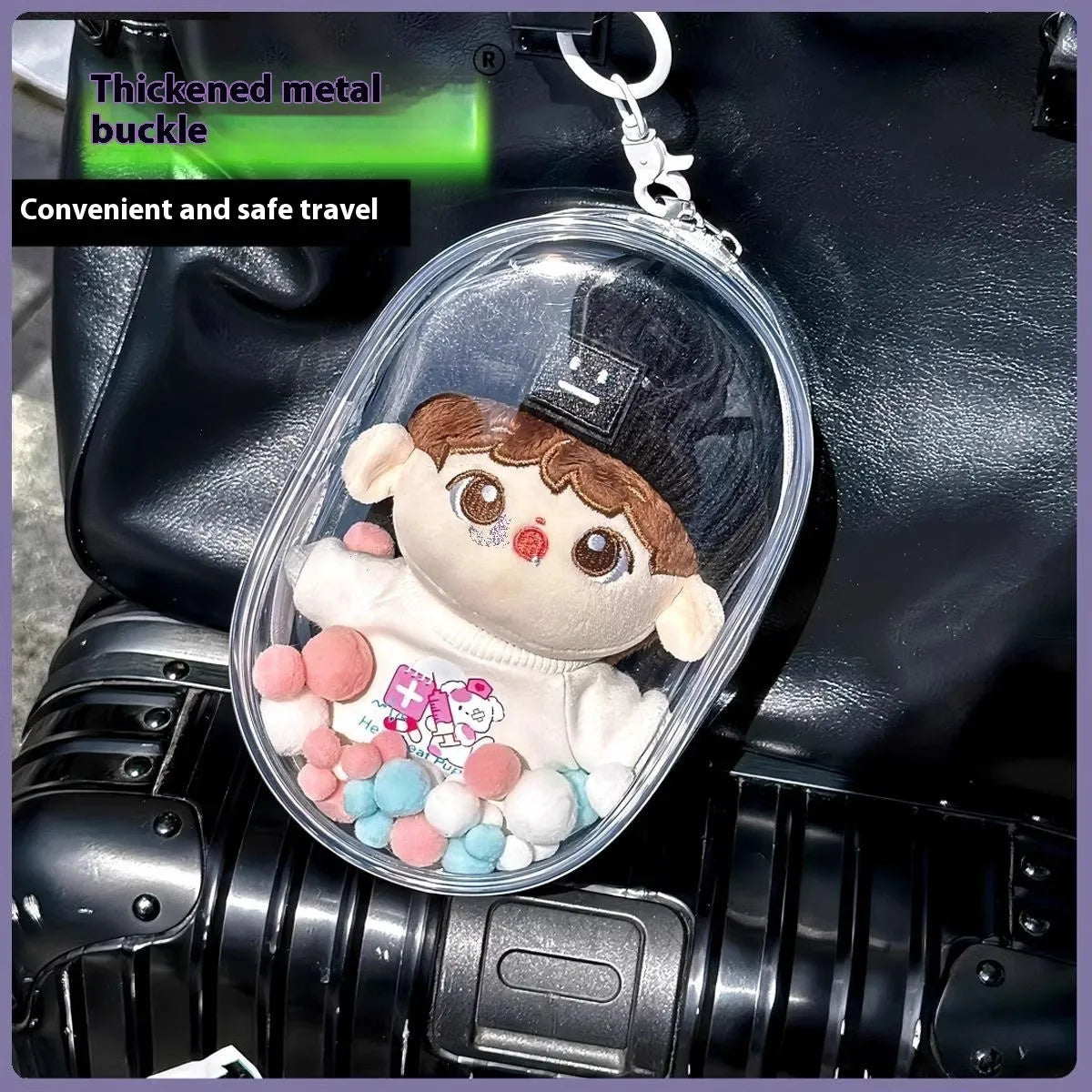 Transparent PVC cube storage bag with colourful balls on a keychain, shown in avocado green colour.