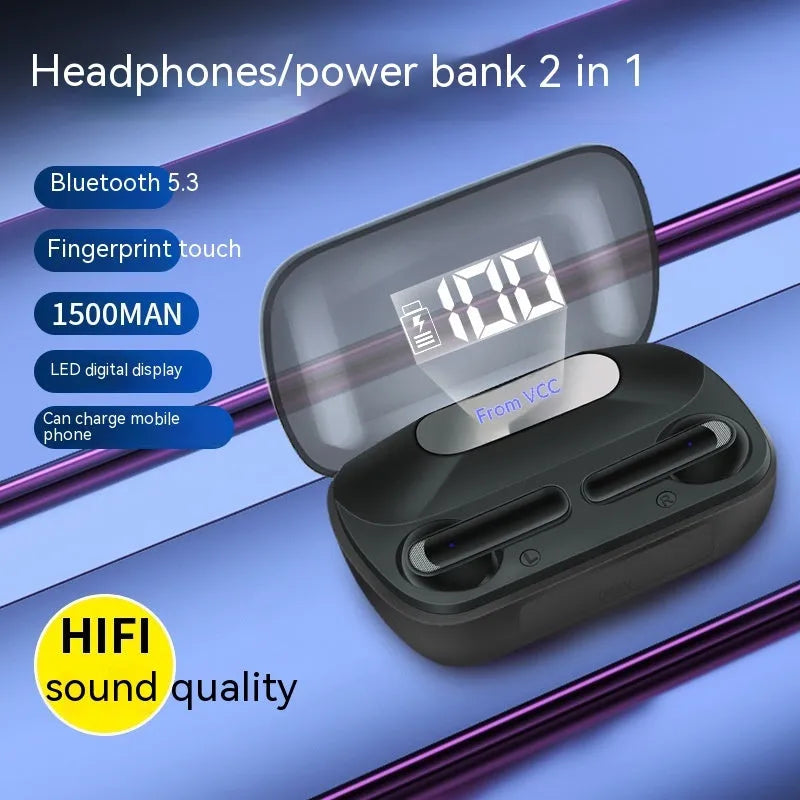 True wireless Bluetooth headset with digital display and power bank, black red pink and fluorescent green