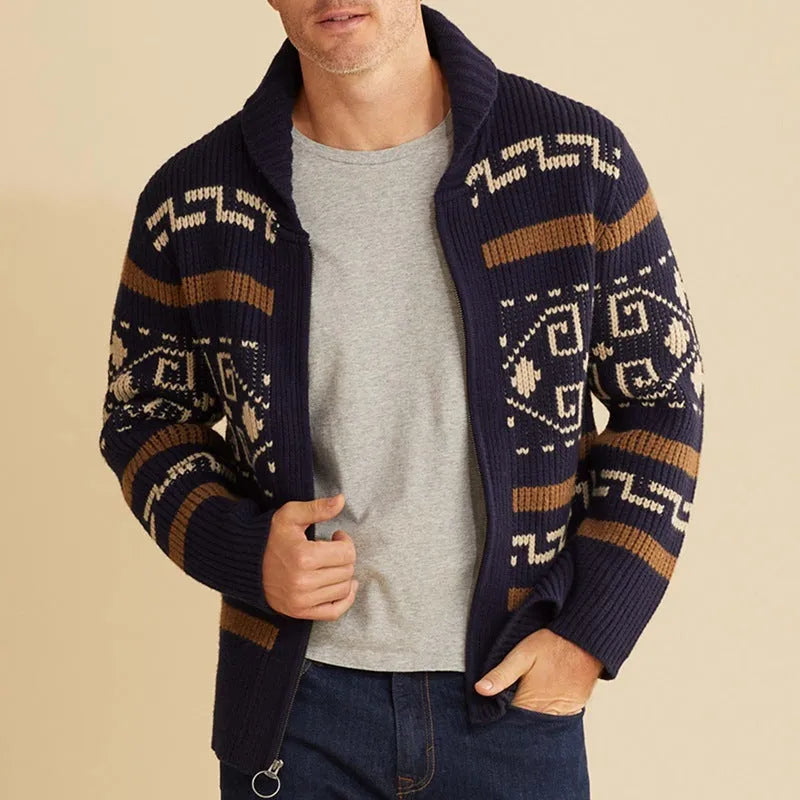 Men's jacquard cardigan jacket with lapel collar and long sleeves in khaki, grey, or navy blue.