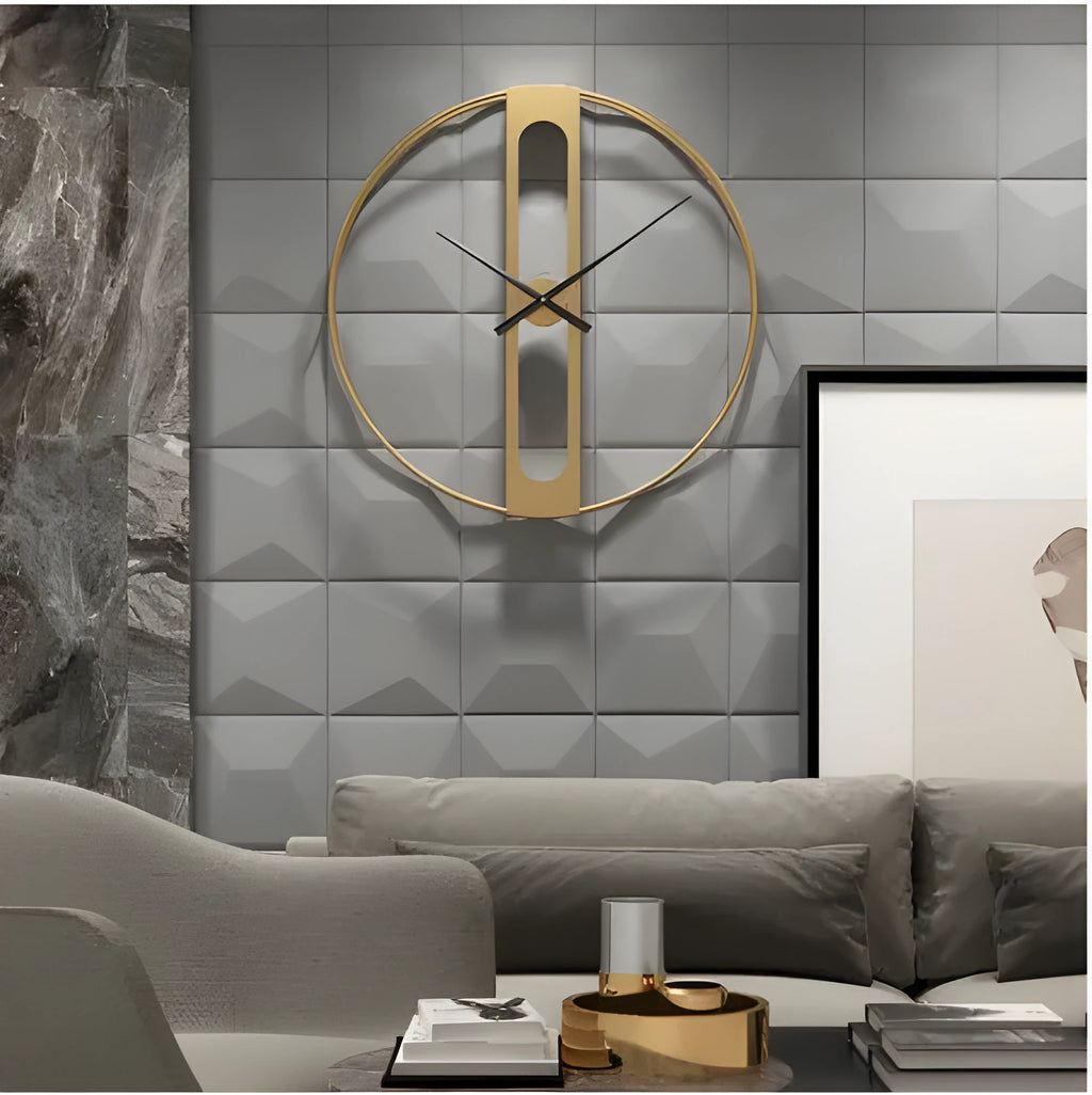 Round metal wall clock with 50cm diameter in black or gold finish on white wall