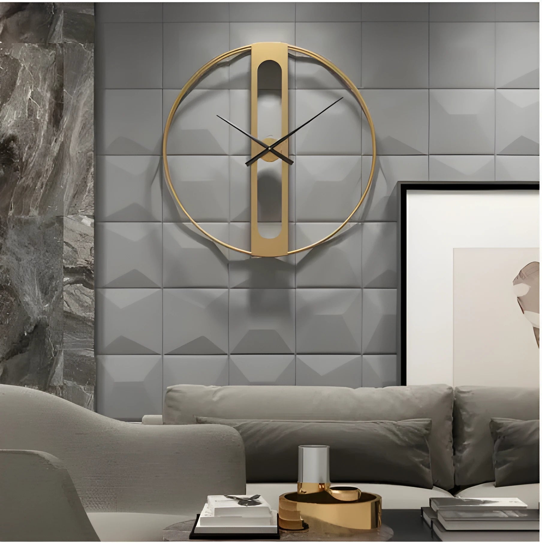 Round metal wall clock with 50cm diameter in black or gold finish on white wall