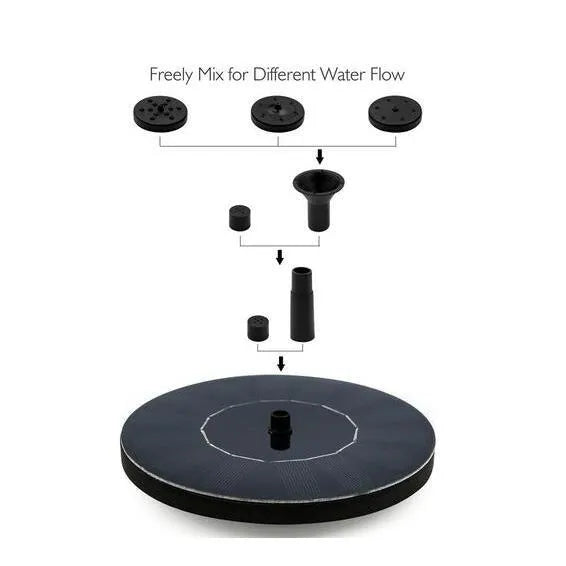 Black solar-powered garden water fountain pump with four different spray nozzle attachments