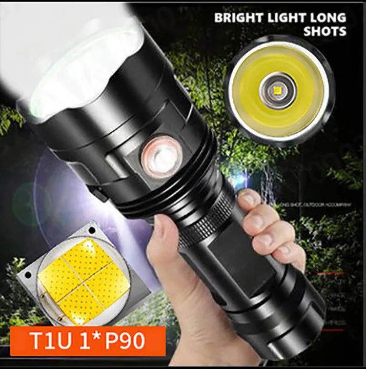 Black aluminium alloy tactical flashlight with large head, shown with USB cable and yellow packaging box.