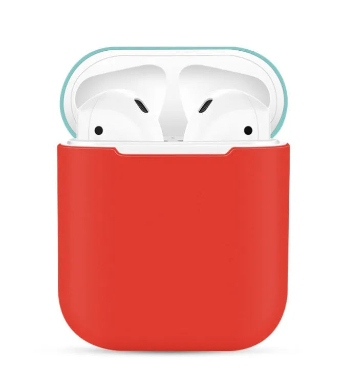 Silicone protective sleeve for Apple AirPods charging case shown in a selection of solid colours including black, blue, and pink.