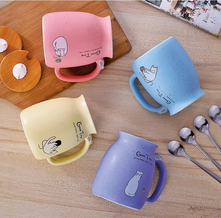 450ml cartoon cat ceramic mug with wooden lid and stainless steel spoon in blue, pink, purple, or yellow