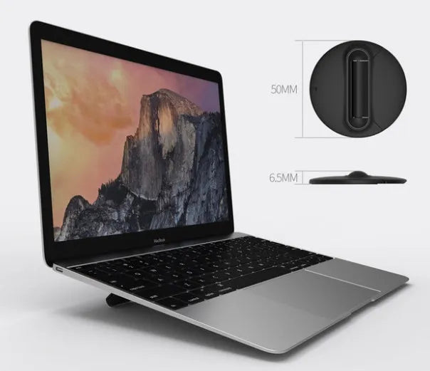 Two black ABS adjustable mini portable laptop stands on a desk under a silver laptop