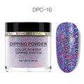 Laser glitter nail powder in a dish with a brush, showing sparkling particles for dip application