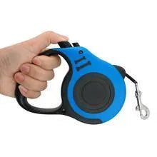 Automatic telescopic pet traction rope with one-handed braking, TPE PP handle, nylon lead, and metal buckle in blue, red, yellow, or green