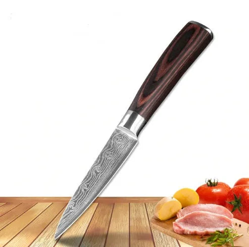7Cr17 stainless steel kitchen knife with laser Damascus pattern on blade and colour steel handle.
