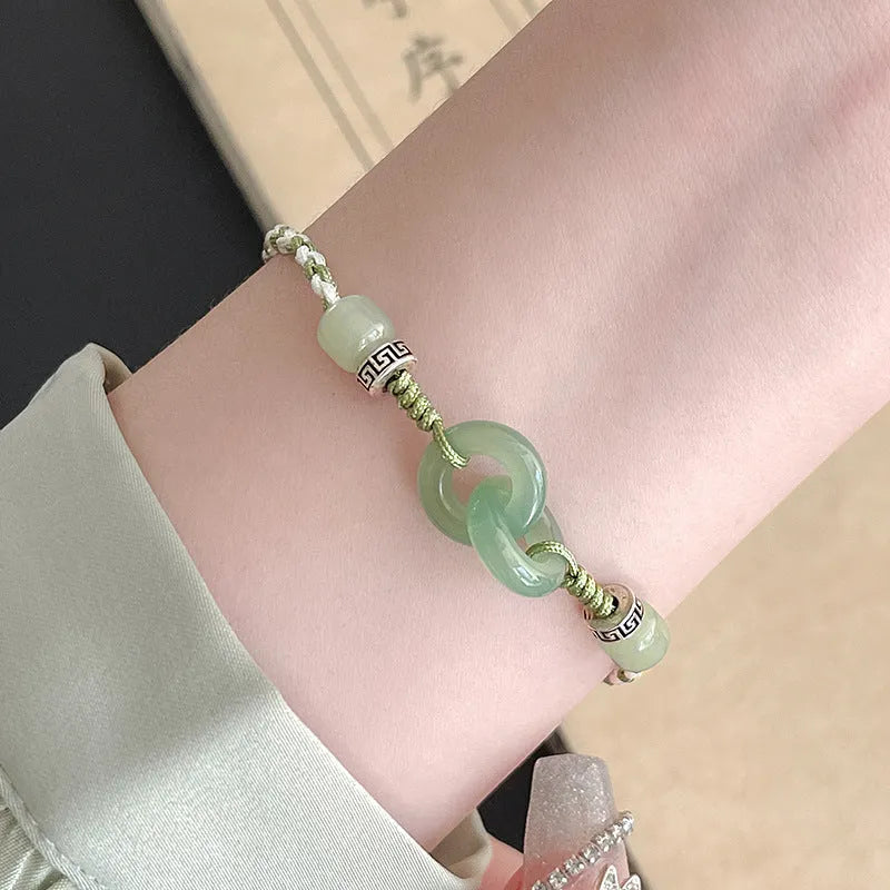 Women's ethnic-style bracelet with jade buckle weaving and double ring design in electroplated copper