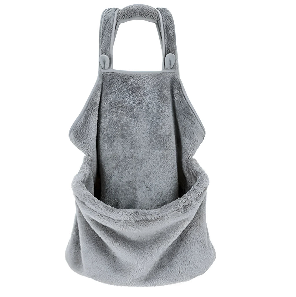 Grey pet carrying bag with sleeping chest apron on a table, showing double-sided arcum material and 70x62 cm size