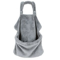Grey pet carrying bag with sleeping chest apron on a table, showing double-sided arcum material and 70x62 cm size