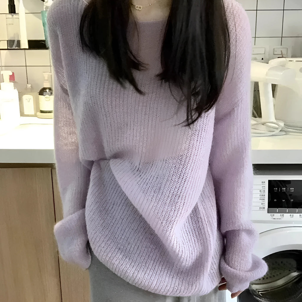 Women's purple round neck lightweight sweater with princess sleeves and hollow out design.