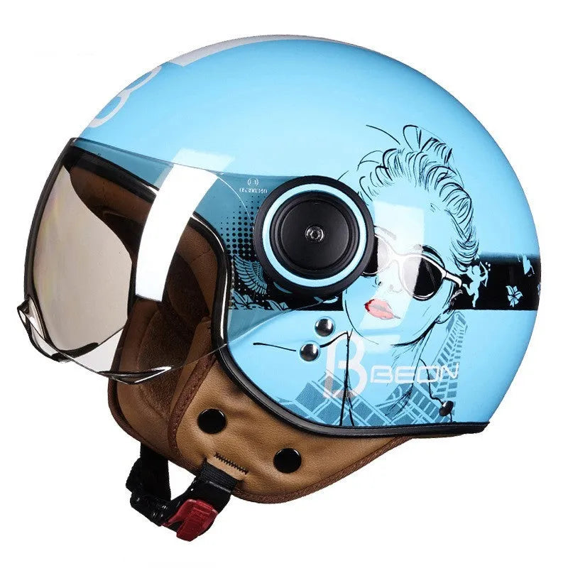 Retro battery car half helmet in ABS plastic showing colour options including bright blue red and matte black orange