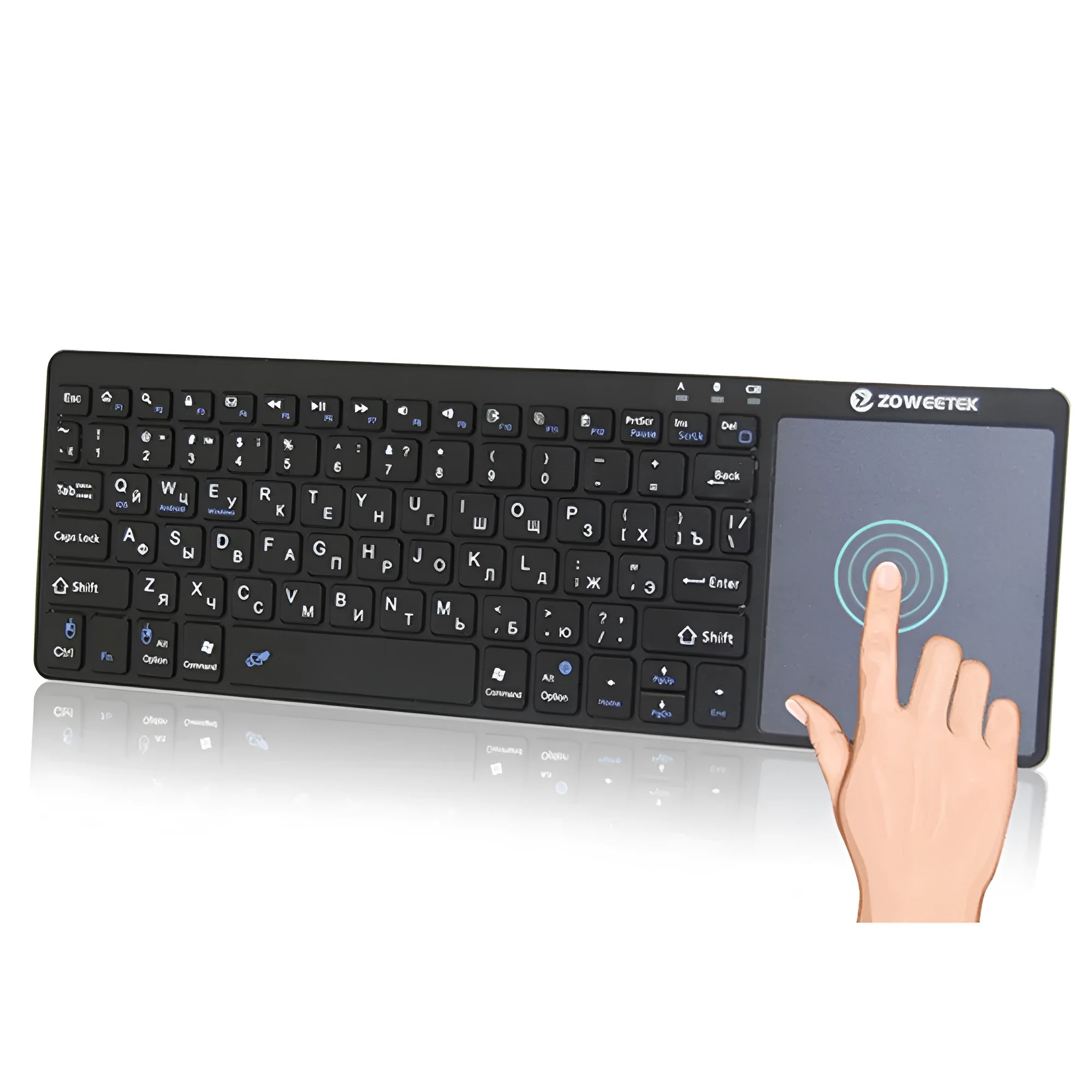 Zoweetek k12bt-1 mini wireless Bluetooth keyboard with touchpad and Russian English Spanish keys, aluminium steel cover, 80 keys