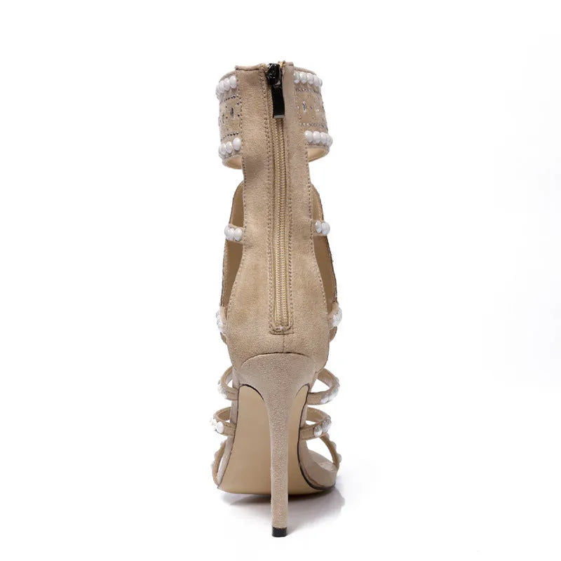 Rhinestone high heel sandals with suede upper, open toe, fine heel, back zipper, super high heel 8cm+ in apricot colour