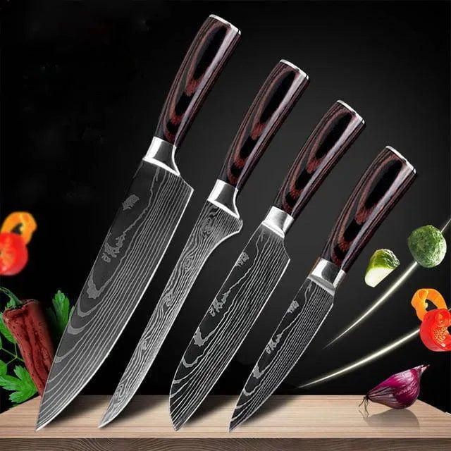 7Cr17 stainless steel kitchen knife with laser Damascus pattern on blade and colour steel handle.