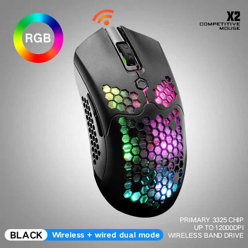 Free Wolf X2 wireless gaming mouse in black on a desk, showing RGB lighting, side buttons, and USB-C charging port.