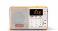 Tecsun Q3 digital audio player and FM radio in white, showing front display and control buttons.