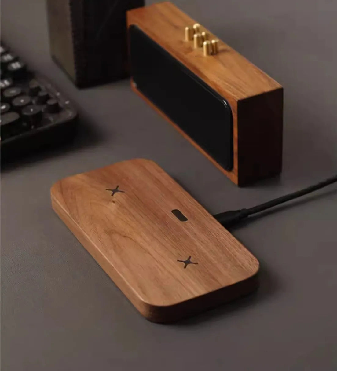 Walnut flat wireless charger dual charge pad for phone and earphone with foreign object detection