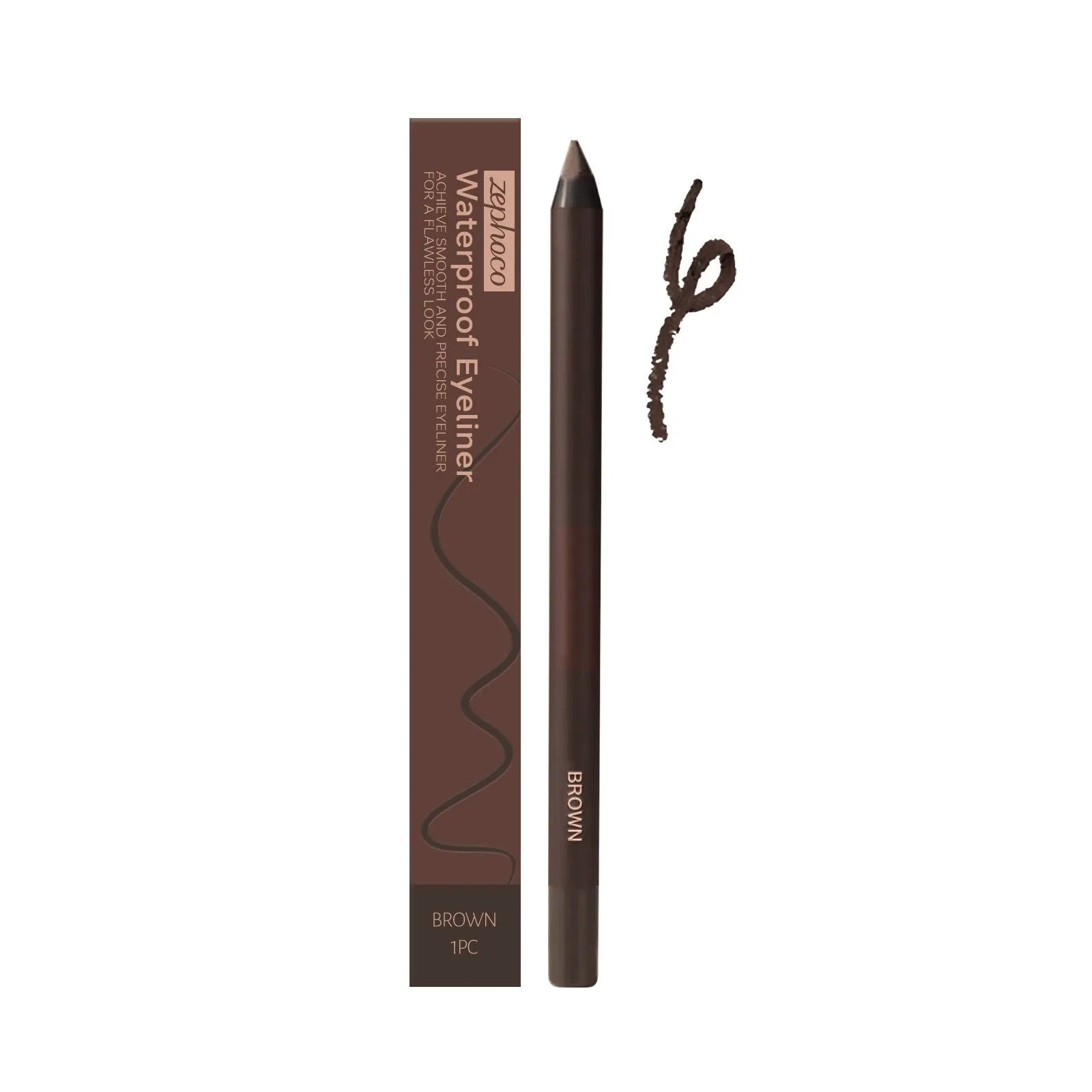 Waterproof liquid eyeliner pen shown in seven colour options: black, bronze, brown, choco, graphite, plum, and stone brown.