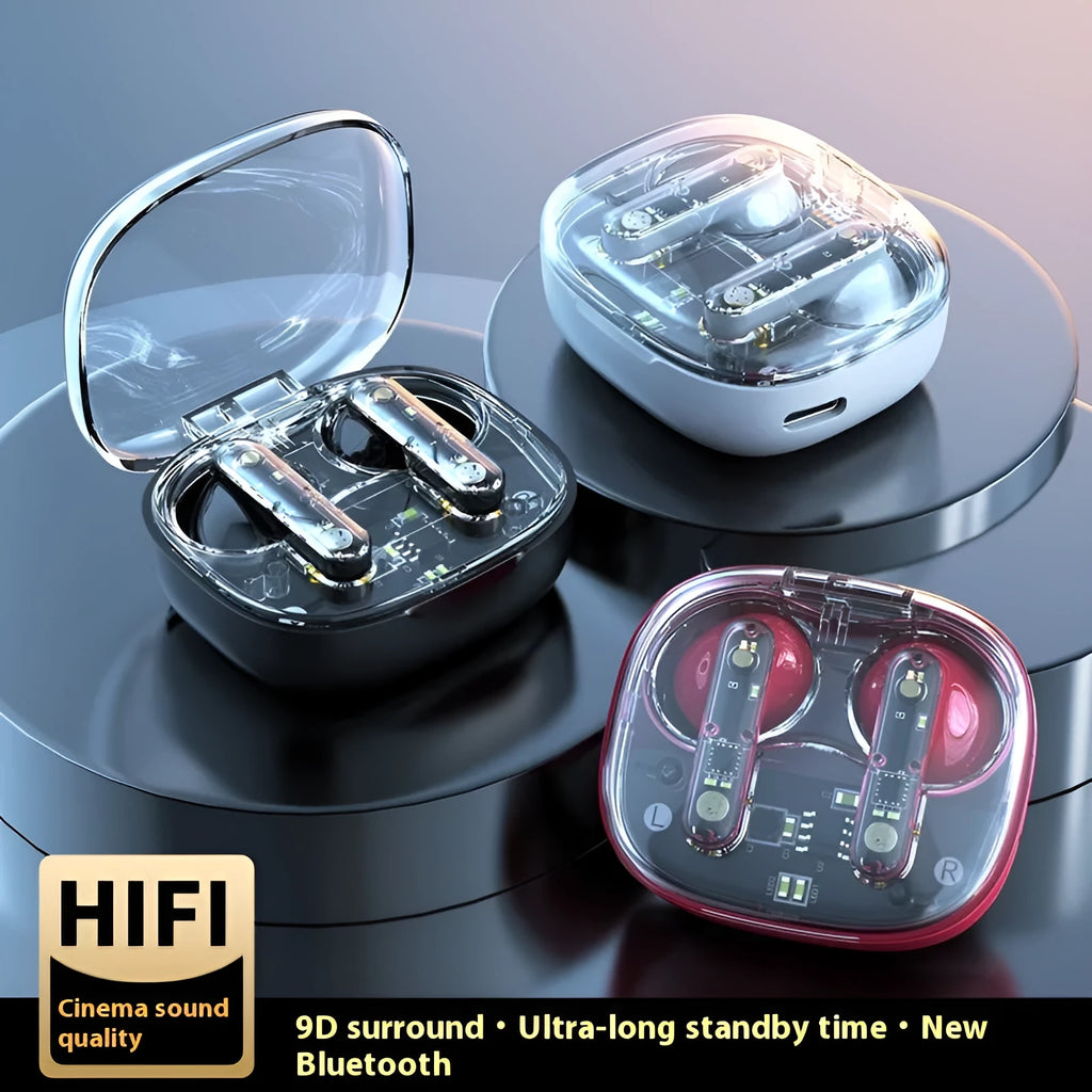 Translucent in-ear Bluetooth headset in clear, transparent black or transparent red, ABS body, V5.3, 300mAh battery.
