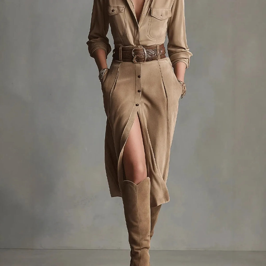 Women's French waist asymmetric khaki polyester dress with high waist, front view