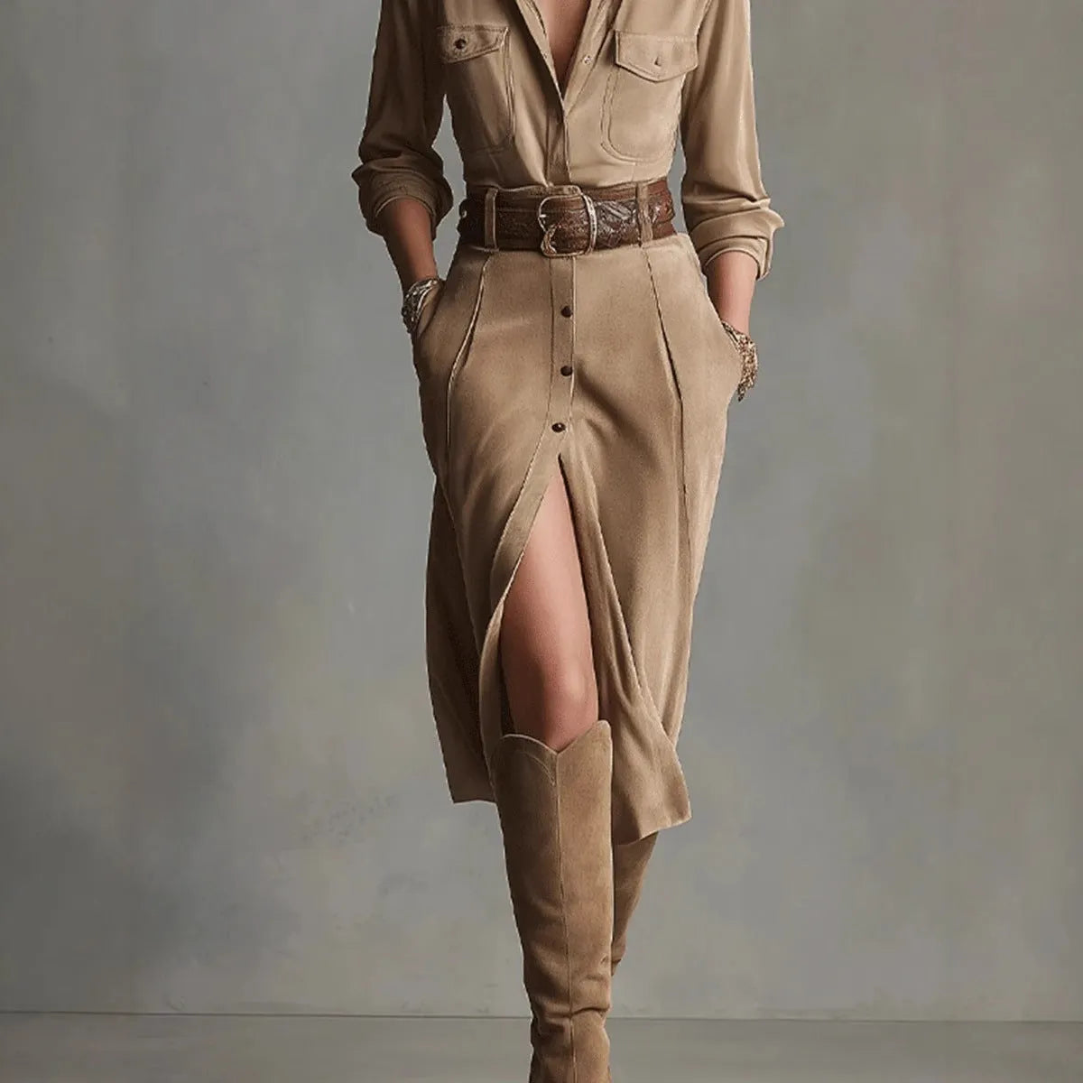 Women's French waist asymmetric khaki polyester dress with high waist, front view