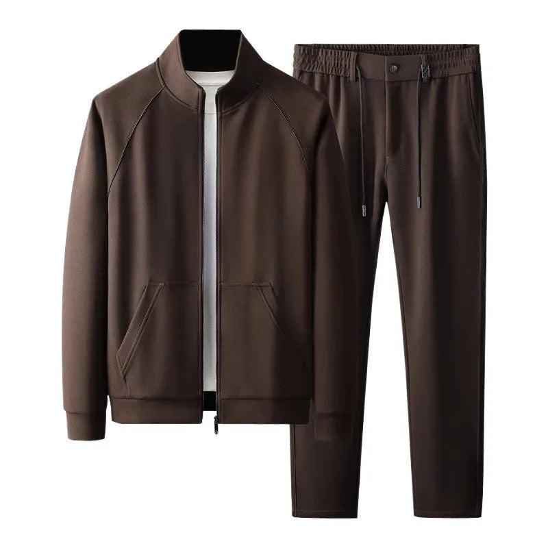 Slim fit stand collar casual sports suit set in black, black velvet, or coffee colour.