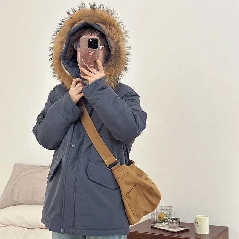 Mid-length hooded loose thickened cotton-padded coat with fur collar in black for women
