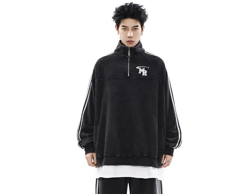 Black unisex retro casual sweater hoodie with a stand collar and long sleeves.