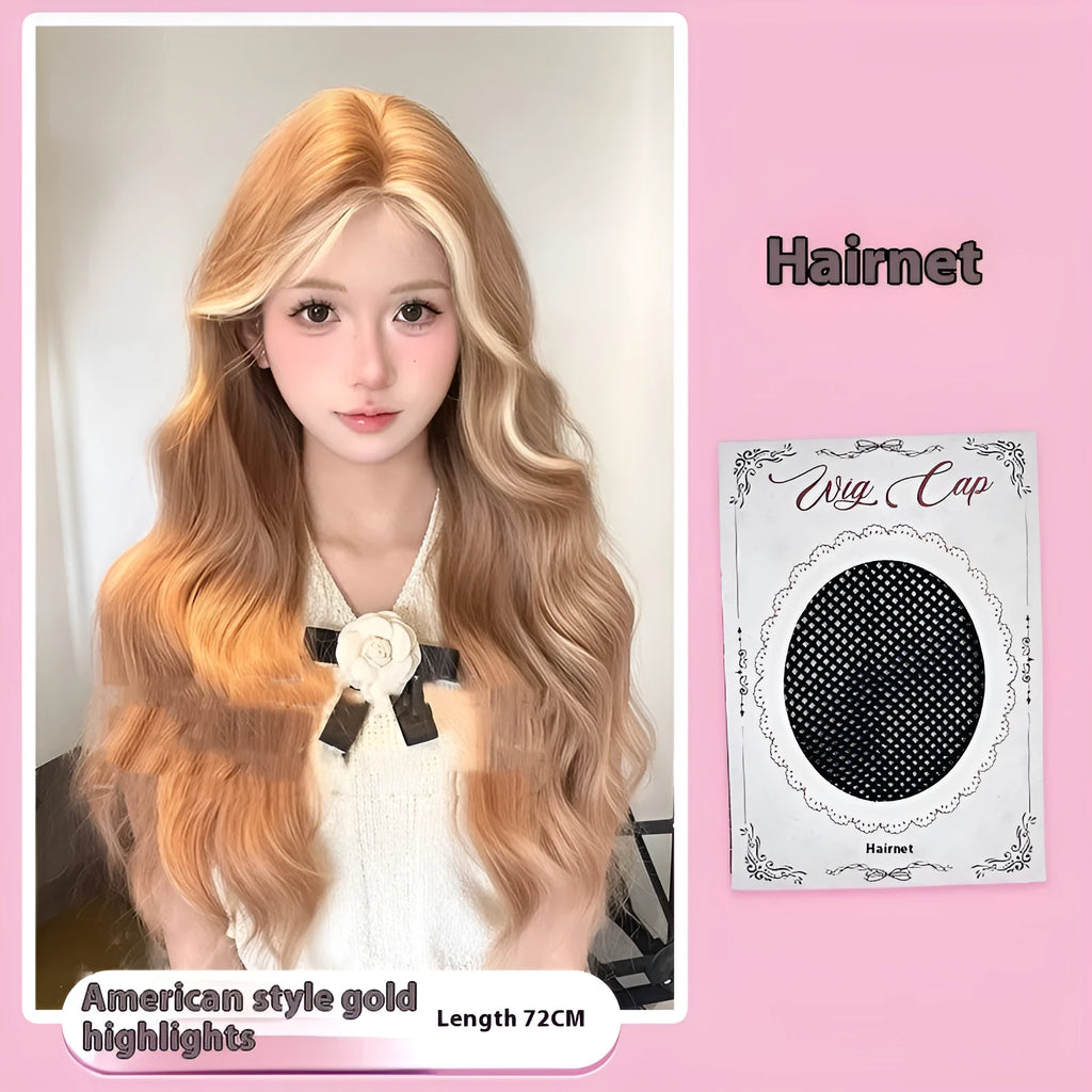 Long curly lace wig in American dyed gold colour showing full head coverage and natural hairline