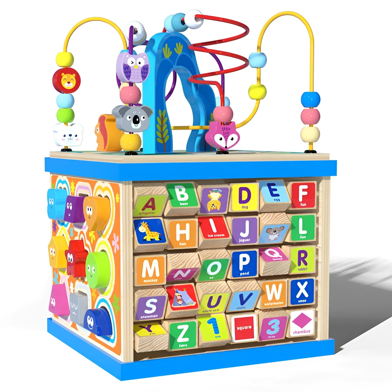 Blue wooden bead maze treasure box learning toy for babies and toddlers with multiple play scenes
