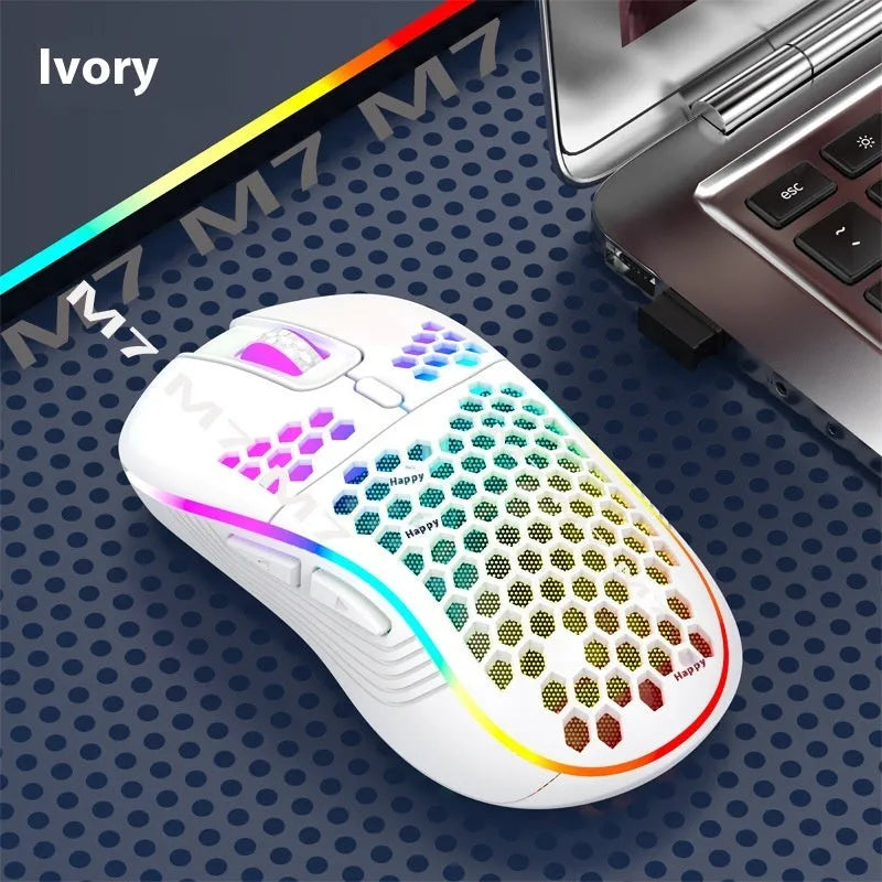 Hole hollow-out luminous wireless gaming mouse in black, with self-charging and 2.4G USB connection