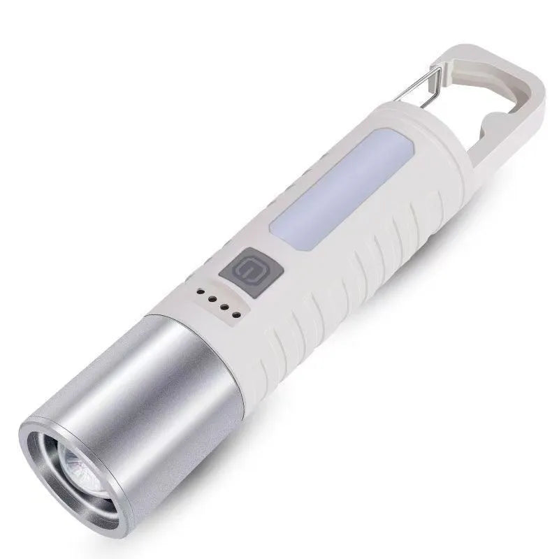 High-power ABS telescopic zoom flashlight with keychain, 800mAh battery, black body, portable outdoor illumination tool