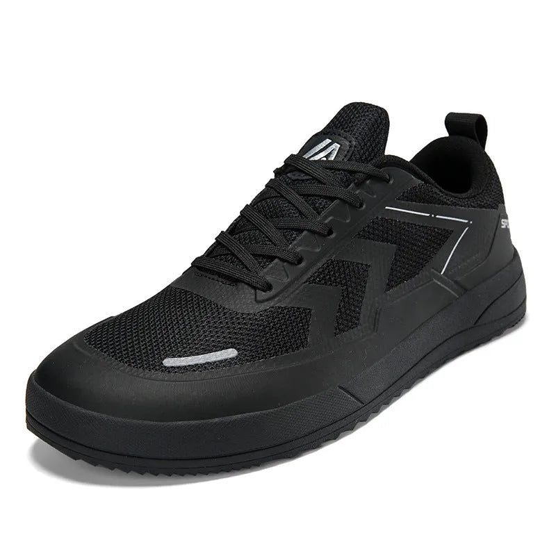 Men's lightweight mesh casual sneakers with fabric upper, rubber sole, flat heel, lace-up, in black colour