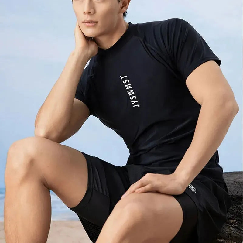 Men's polyester swimsuit set with top and trousers in plus sizes up to 4XL