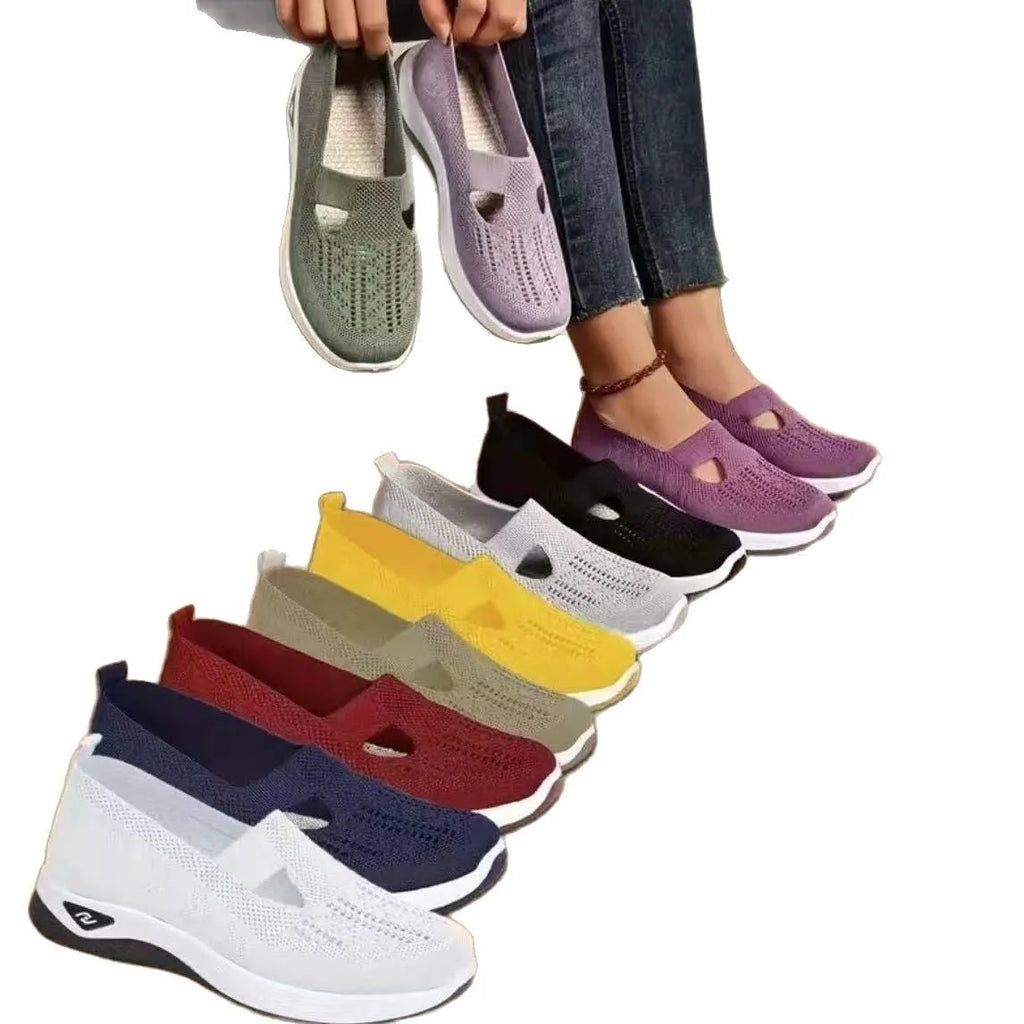 Women's low-top casual mesh shoes with a T-strap, round toe, and soft PVC sole in various solid colours.