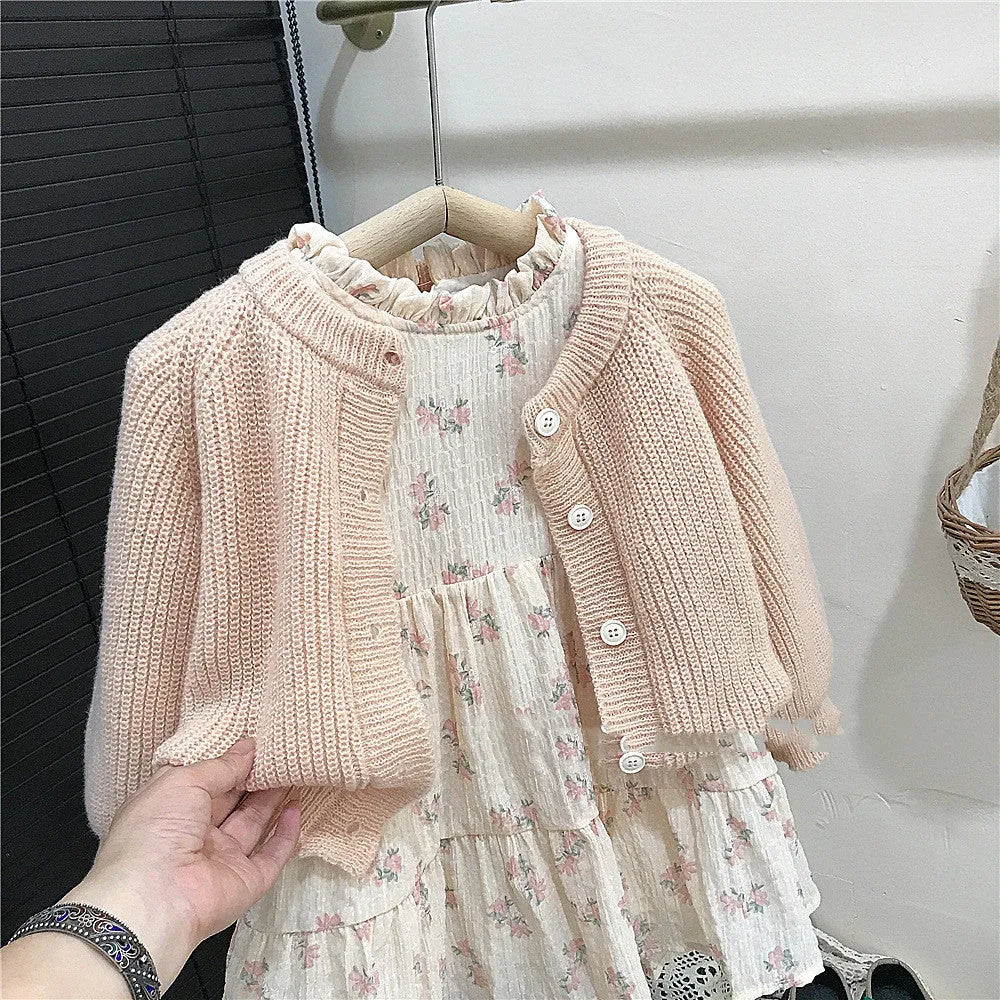 Girls' pink mohair puff sleeve knitted cardigan and orange chiffon dress set, Korean style, sizes 90cm to 140cm