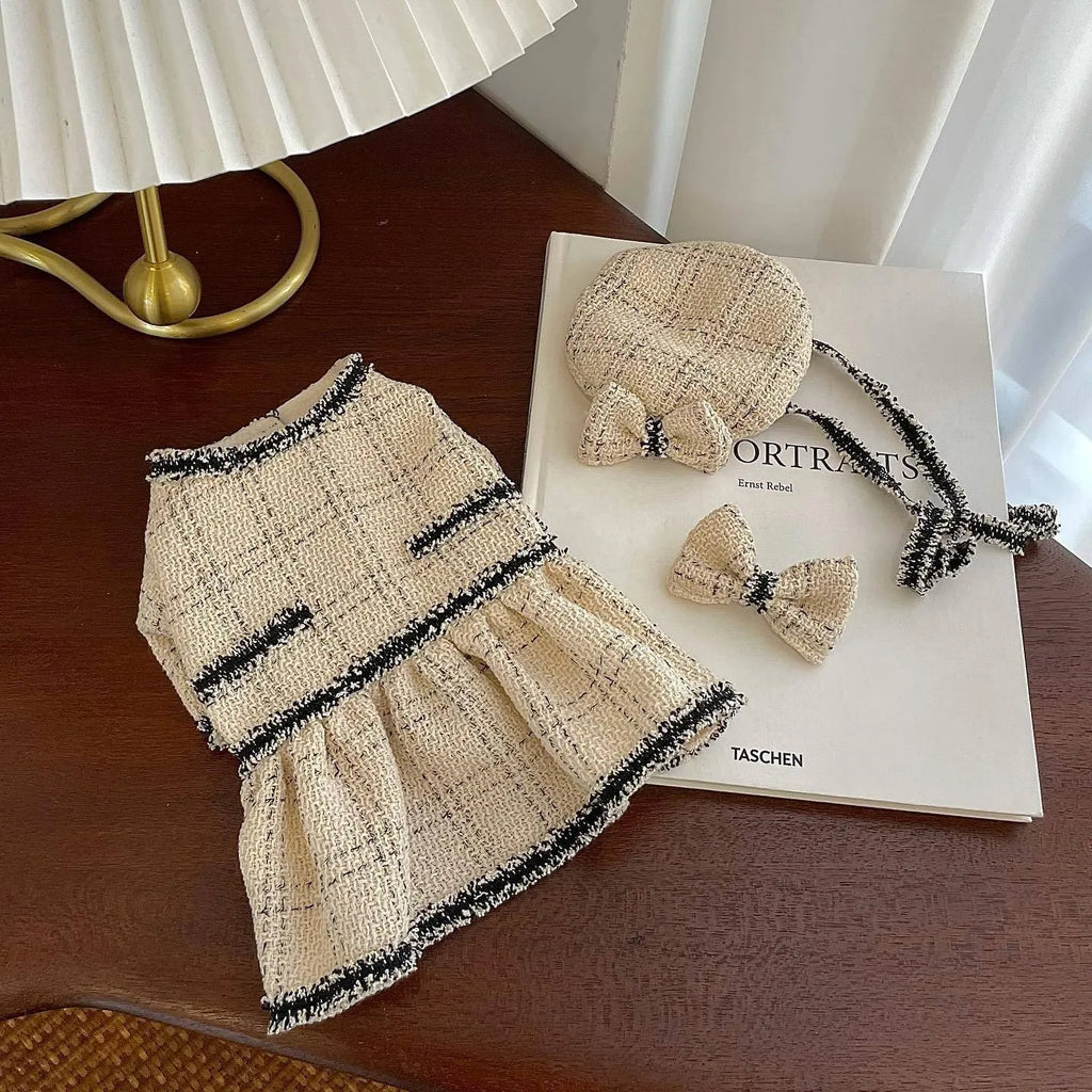Beige cotton pet princess skirt with matching hairpin, available in XS to 2XL sizes for dogs and cats